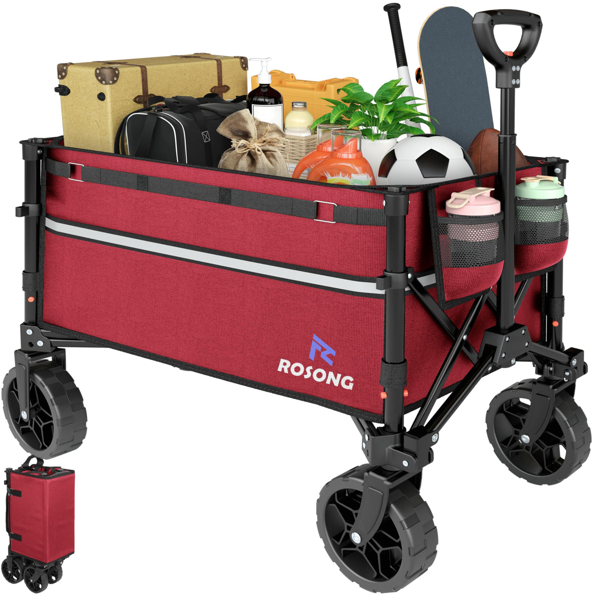 ROSONG wagon front view showing sturdy frame and burgundy fabric for strong hauling