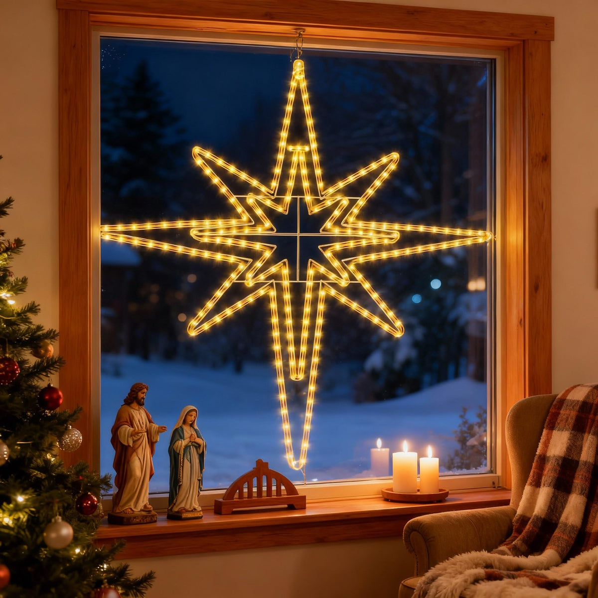 Rossesay Bethlehem Star front view showing bright warm-blue glow and curb appeal