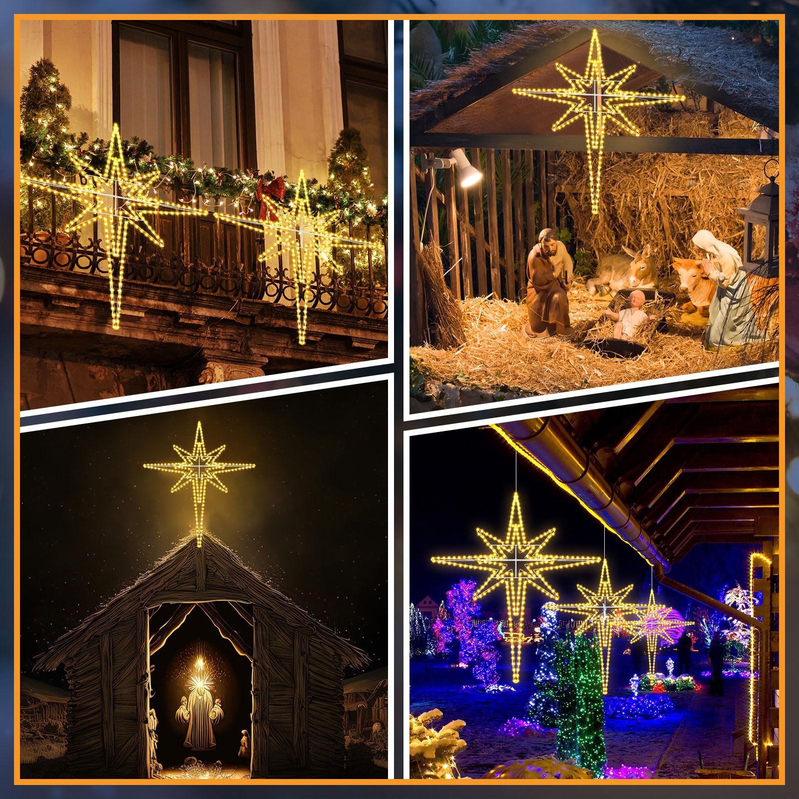 Rossesay Bethlehem Star in window at night with warm center and blue accent contrast