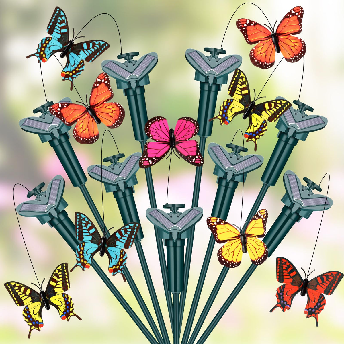 Rossesay front view of nine assembled butterfly stakes showing colorful display and curb appeal