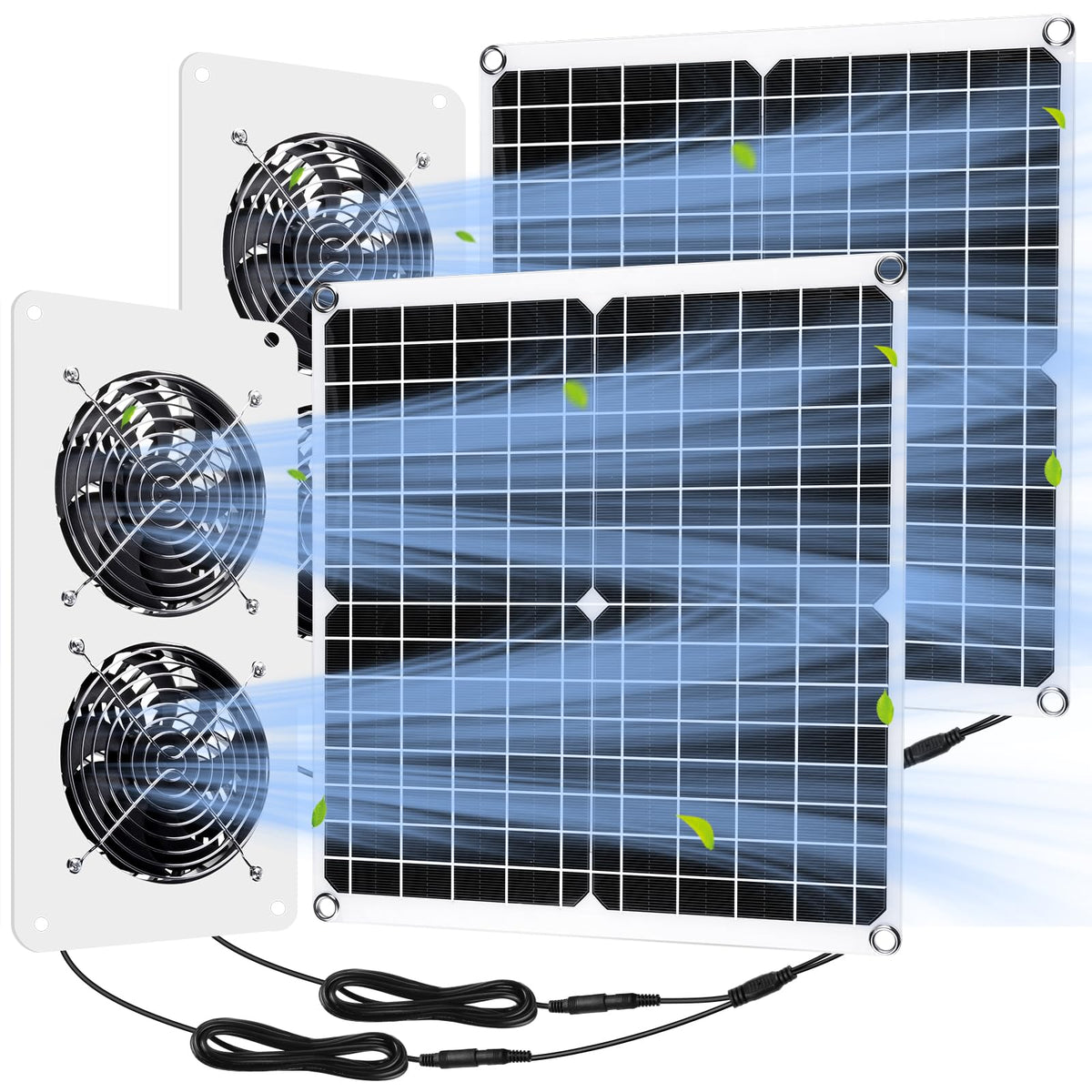 Rossesay front view of solar panel with dual fans showing kit components and functionality