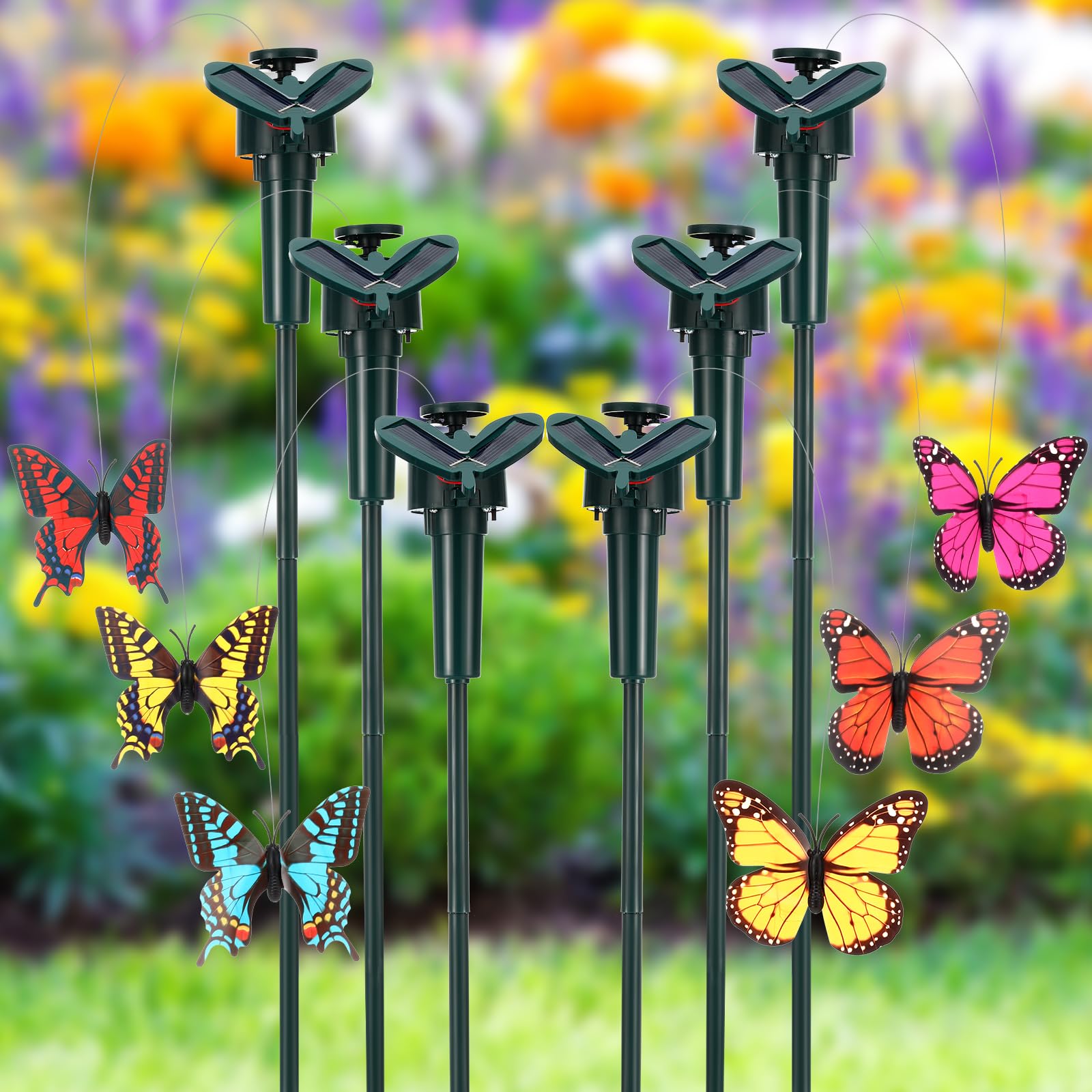 Rossesay front view of six packaged solar butterfly stakes showing colors and stakes