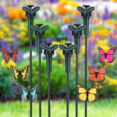 Rossesay front view of six packaged solar butterfly stakes showing colors and stakes
