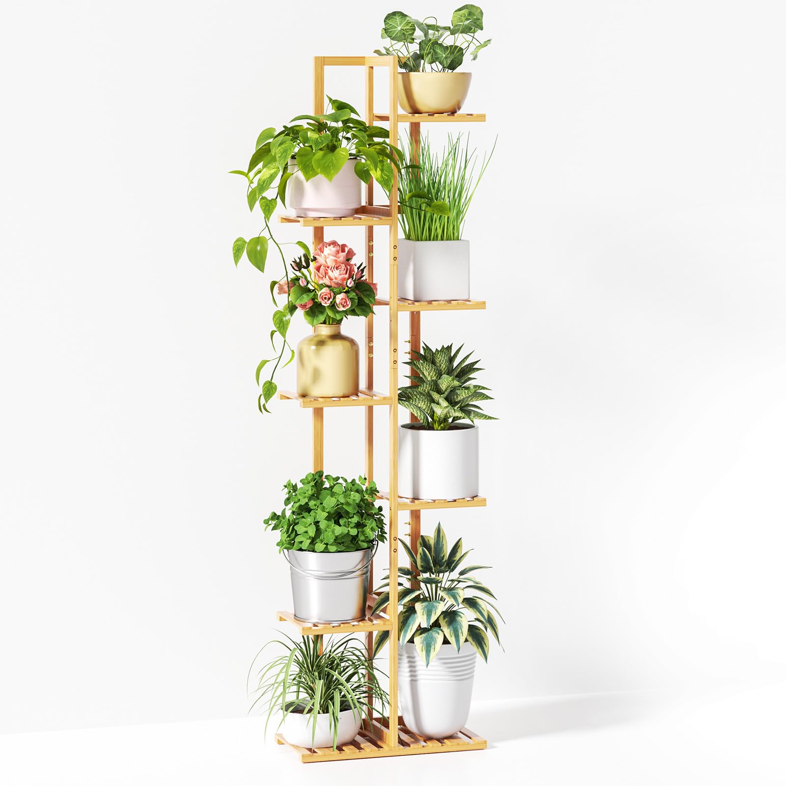 ROSSNY front view of full stand showing natural bamboo and vertical display benefits
