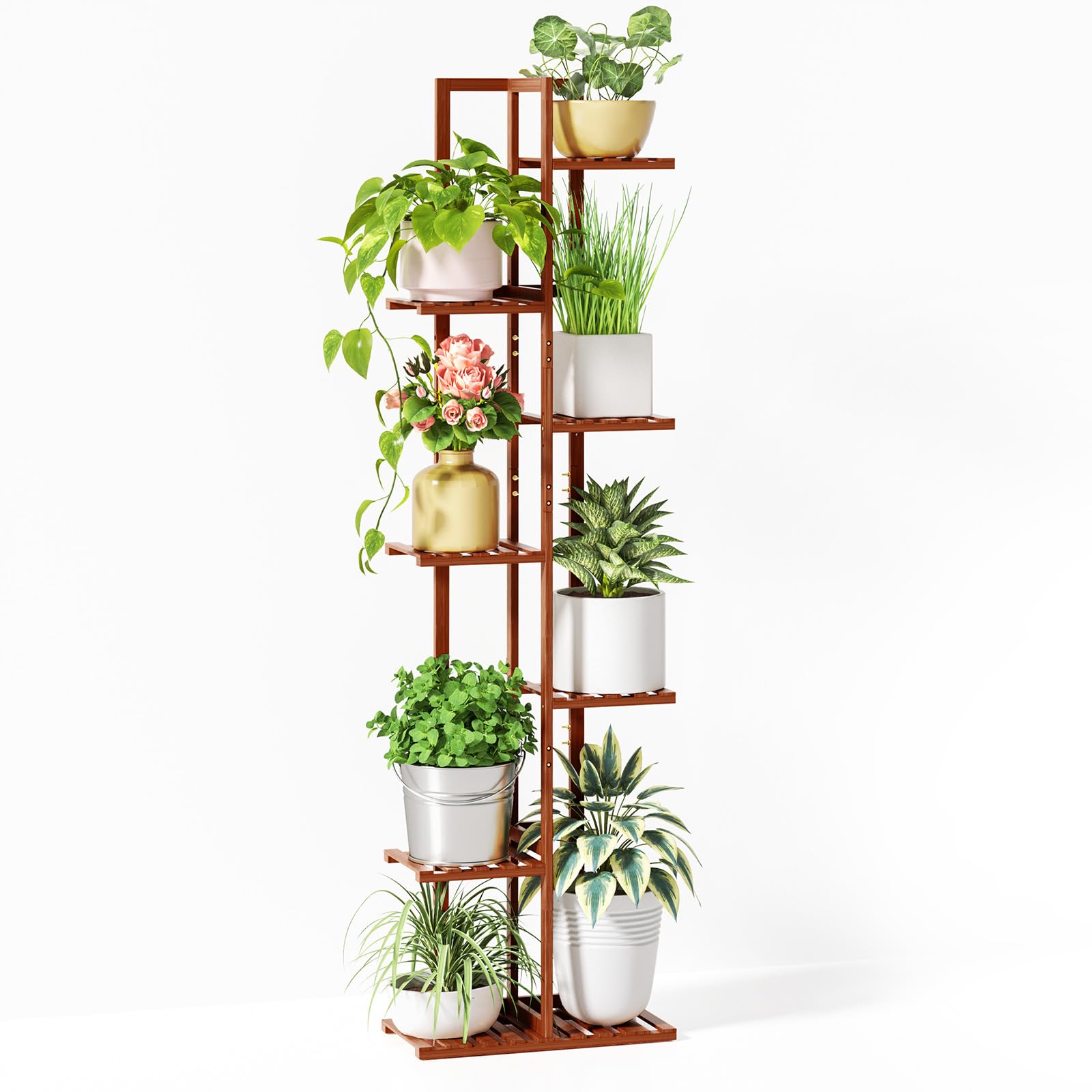 ROSSNY front view bamboo plant stand showing full 55-inch height and tiers for display benefit