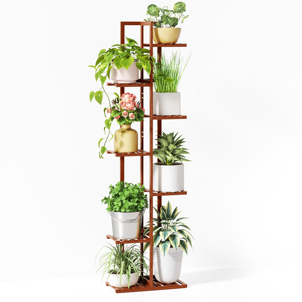 ROSSNY front view bamboo plant stand showing full 55-inch height and tiers for display benefit
