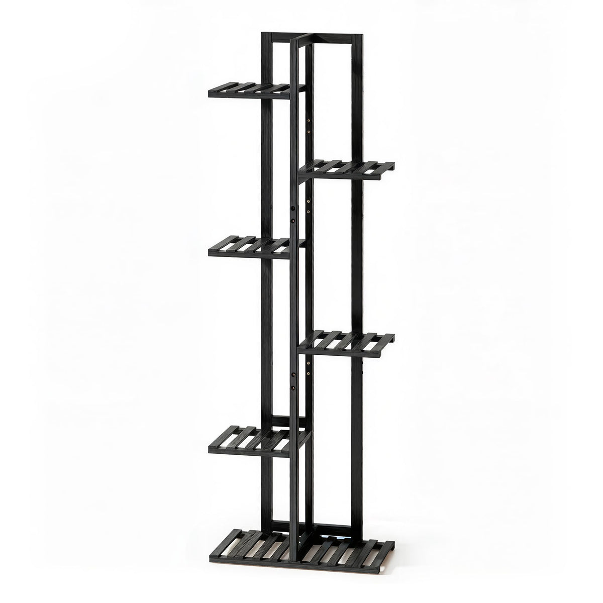 ROSSNY front view of black bamboo plant stand showing vertical display benefit