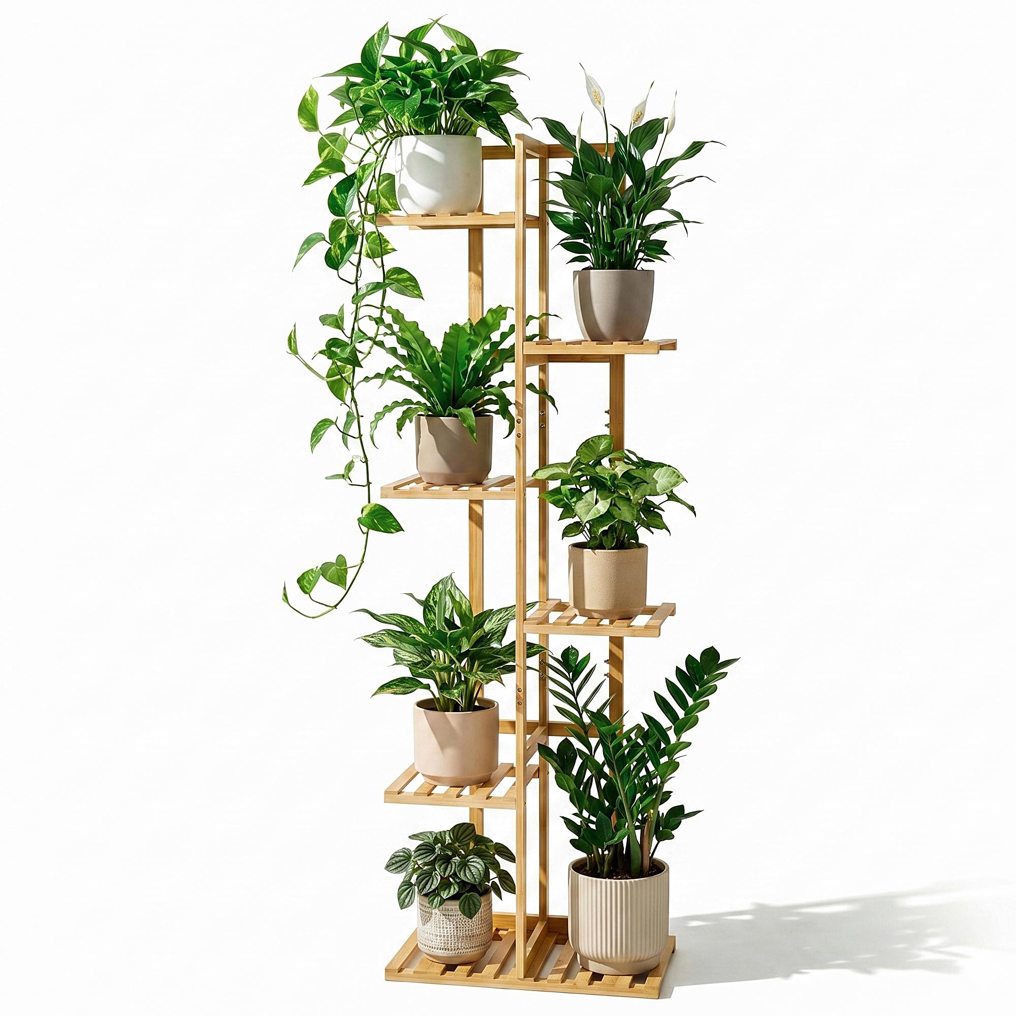 ROSSNY front view of full 6-tier plant stand showing seven pots and balance