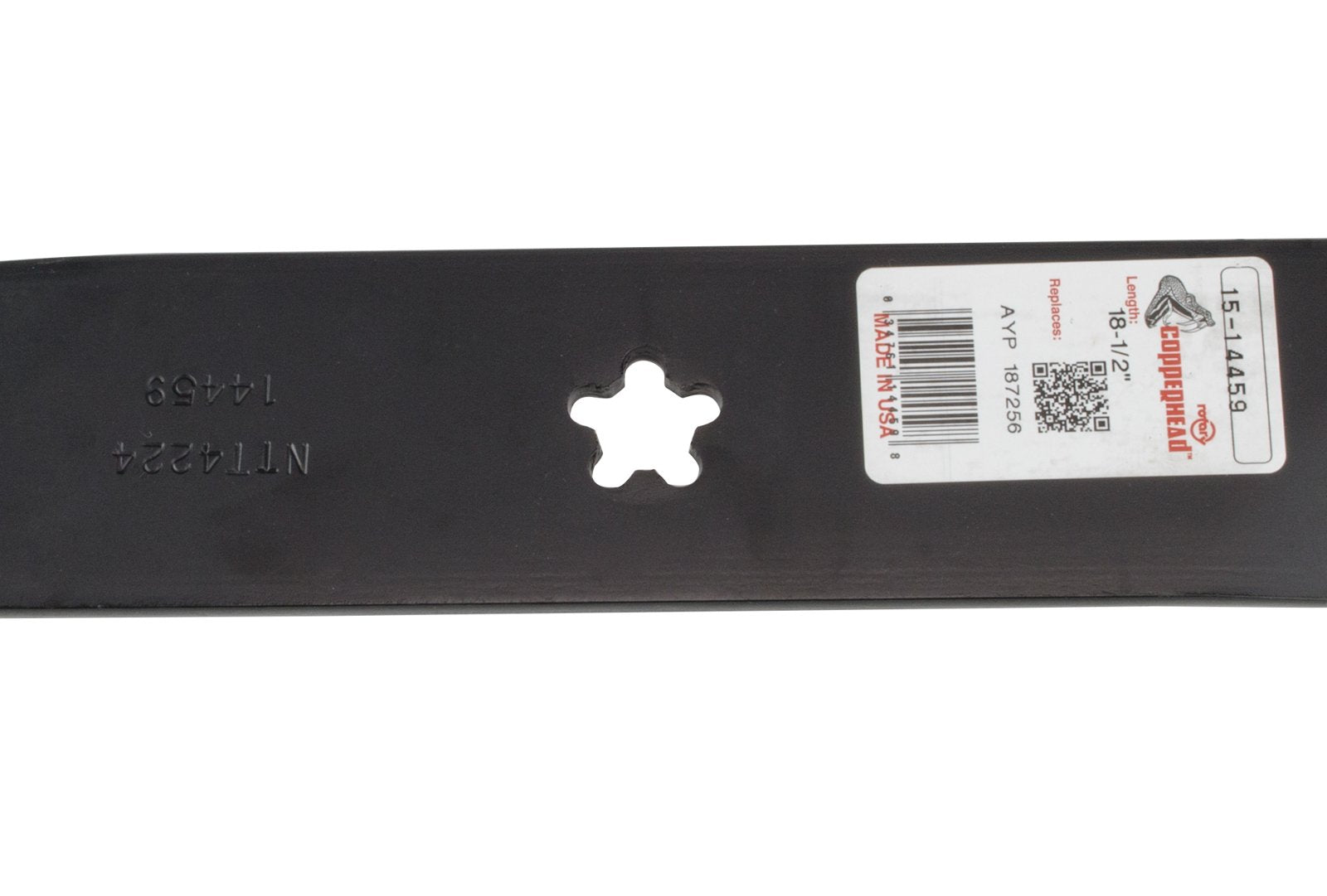 Rotary blade beside ruler showing 18.5 inch length for correct deck sizing