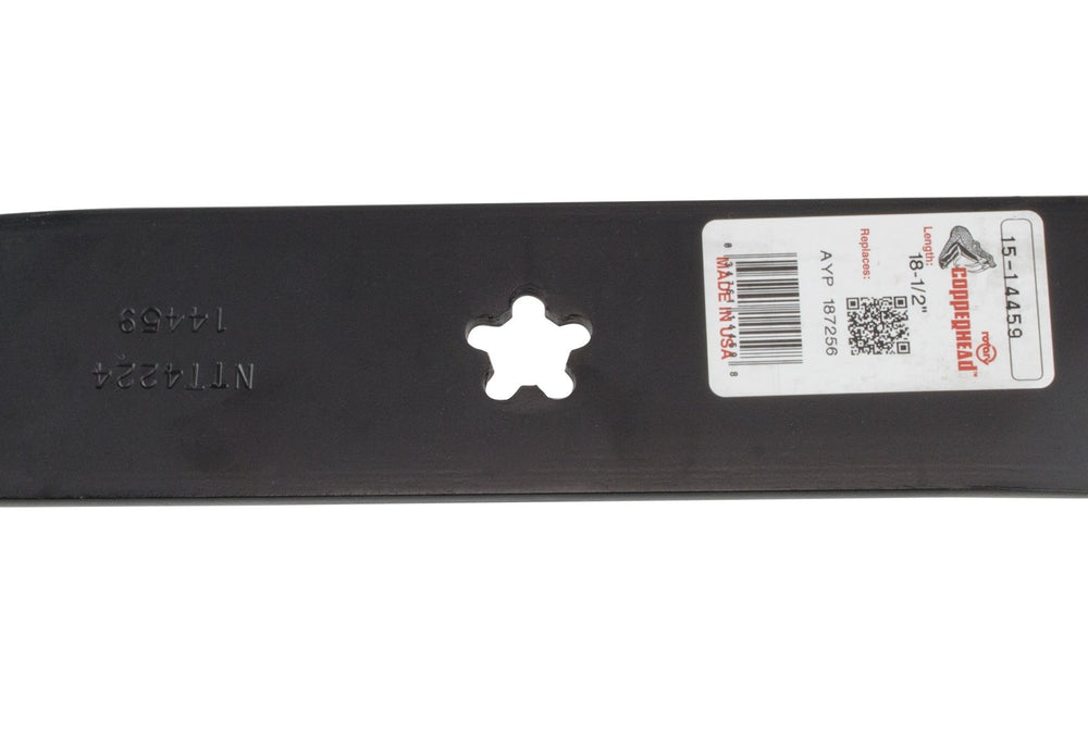 Rotary blade beside ruler showing 18.5 inch length for correct deck sizing
