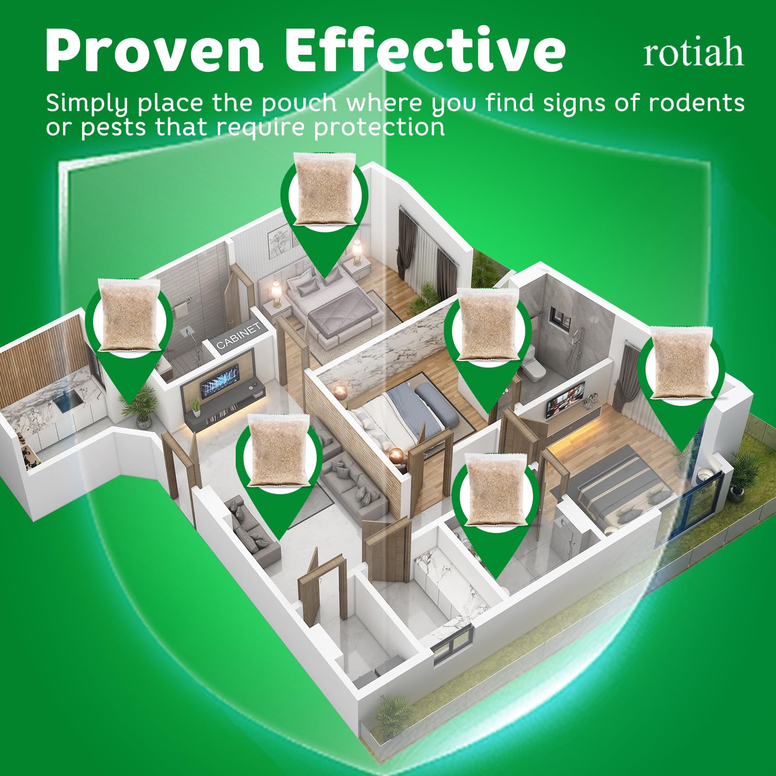 ROTIAH pouch placed in kitchen cabinet demonstrating rodent-free storage