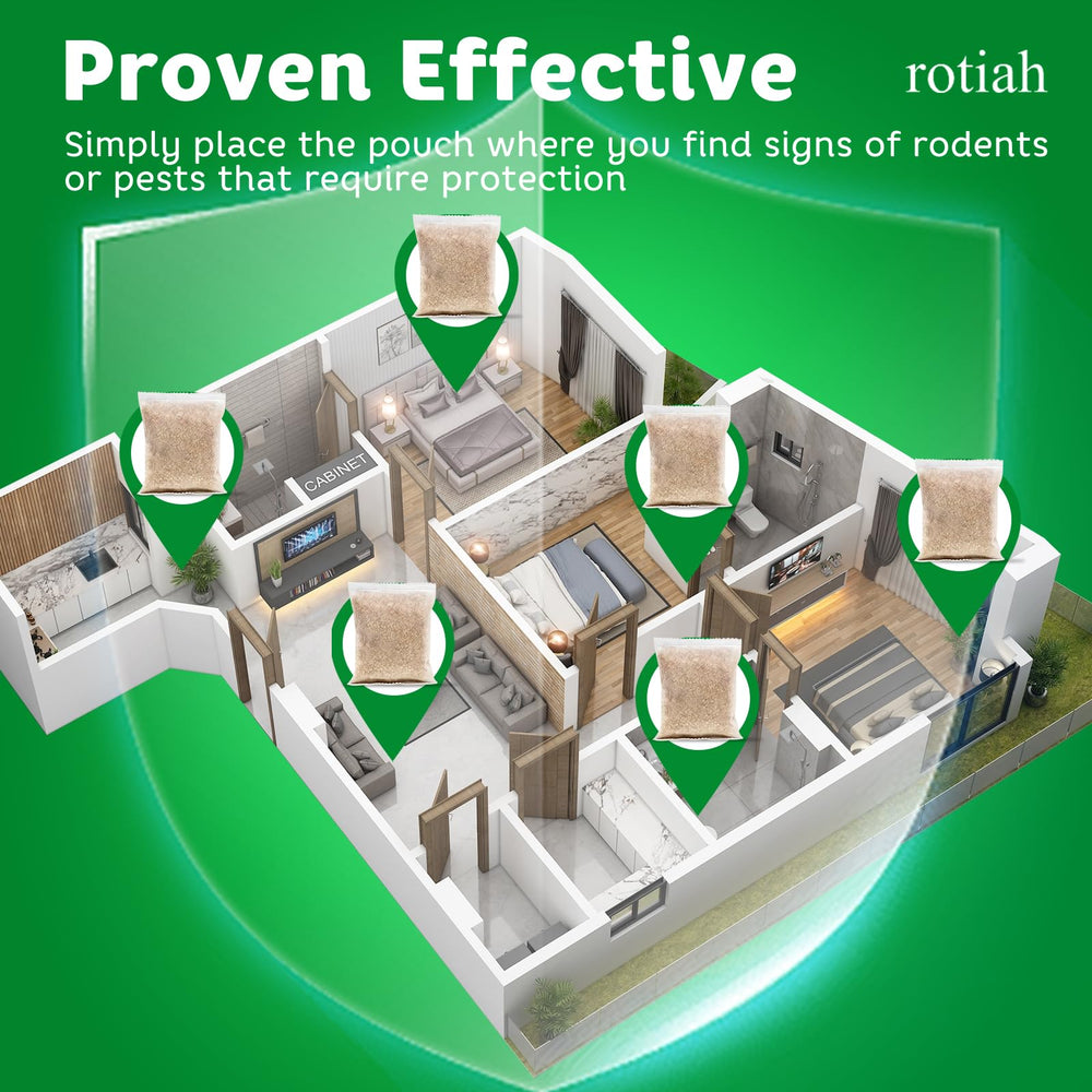 ROTIAH pouch placed in kitchen cabinet demonstrating rodent-free storage