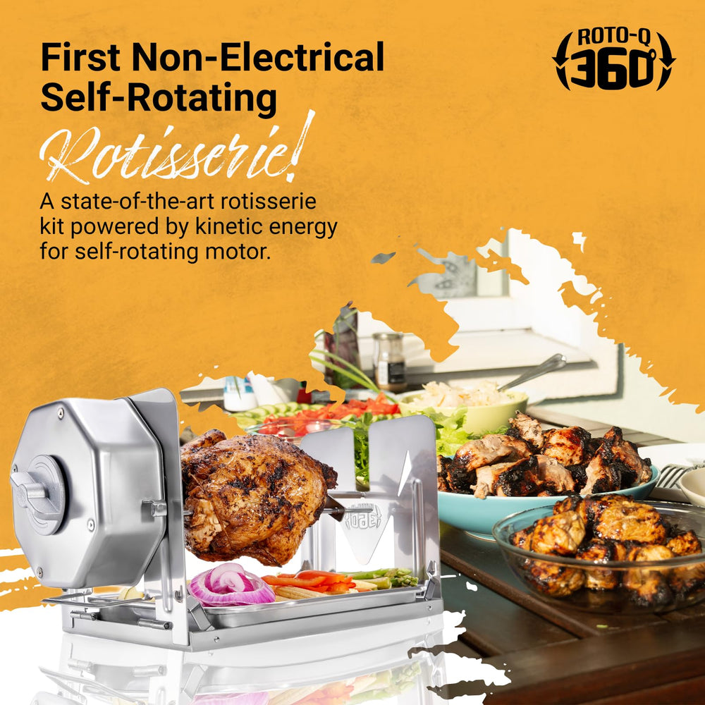 ROTO-Q 360 on campsite grill with roasted chicken showing portable cooking benefit