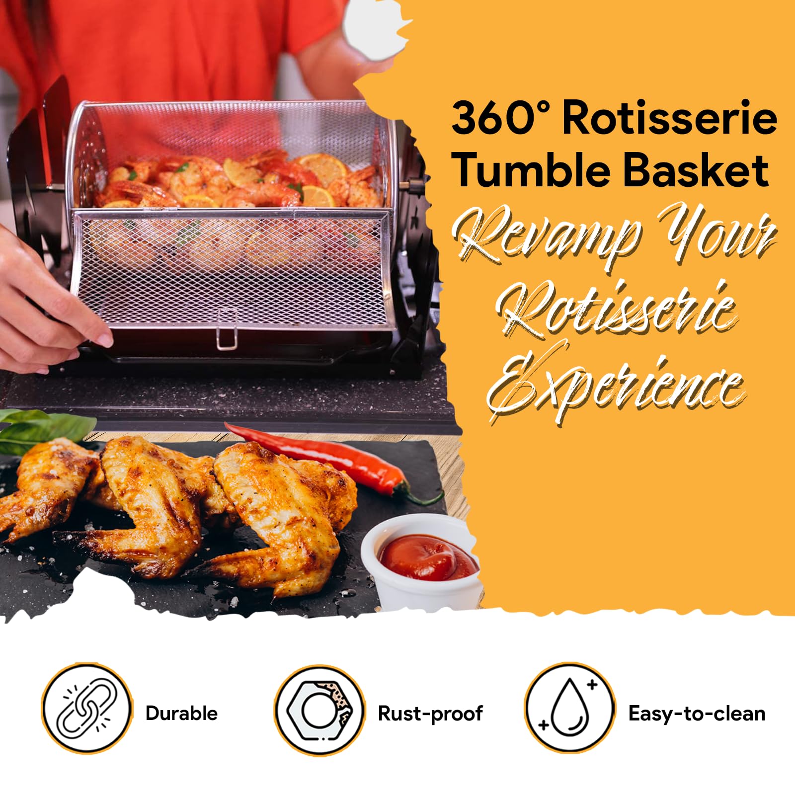 ROTO-Q 360 tumble basket close-up shows sturdy mesh for even roasting benefit