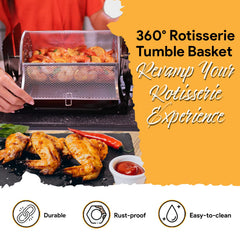 ROTO-Q 360 tumble basket close-up shows sturdy mesh for even roasting benefit