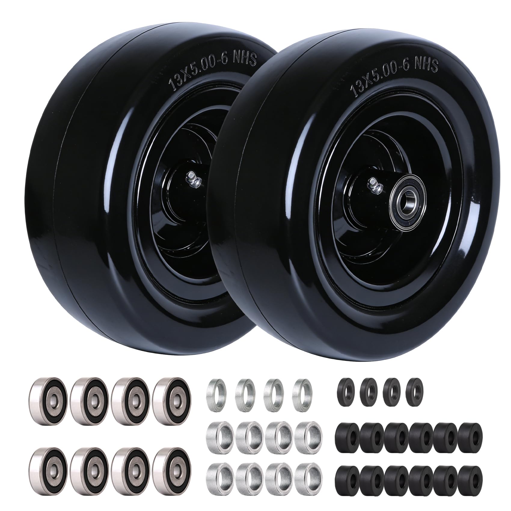 Roueoo front view of mounted 13x5.00-6 tires showing solid construction and durability