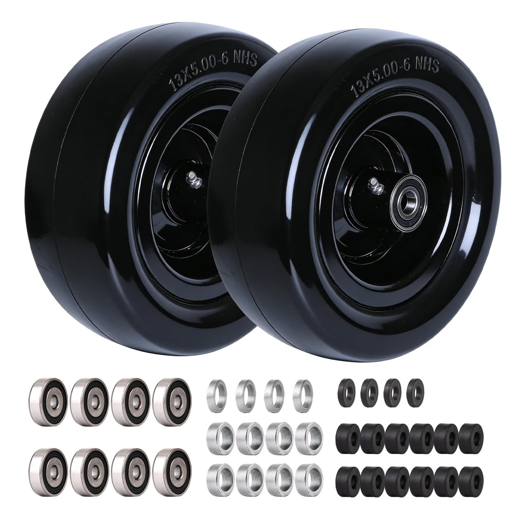 Roueoo front view of mounted 13x5.00-6 tires showing solid construction and durability