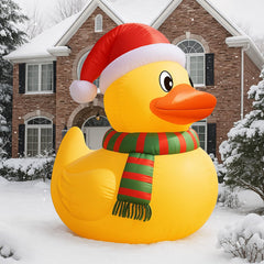 RoundFunny duck front view showing festive hat and scarf and cheerful curb appeal