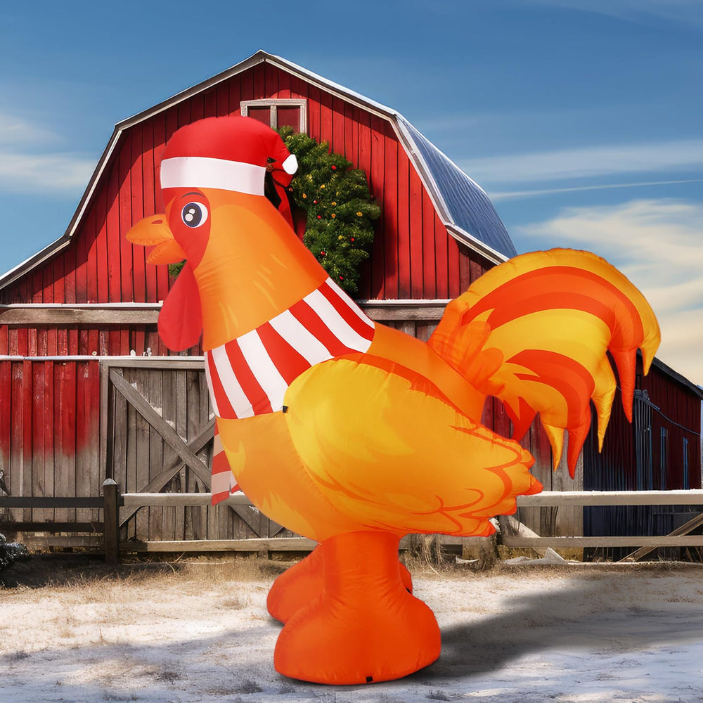 RoundFunny rooster beside a person for scale to demonstrate 6ft height impact