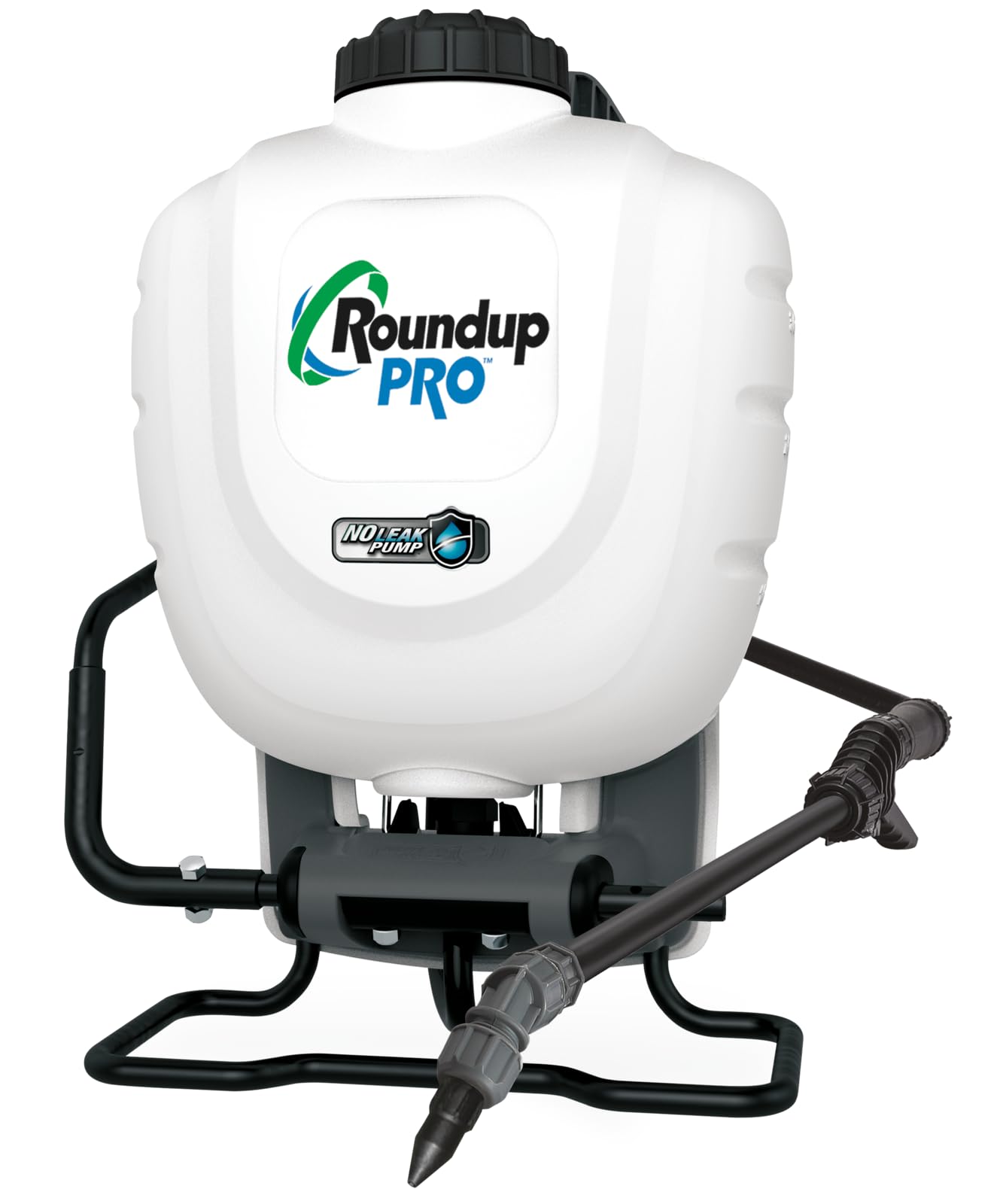 Roundup front view shows no‑leak pump and comfortable padded straps for cleaner application
