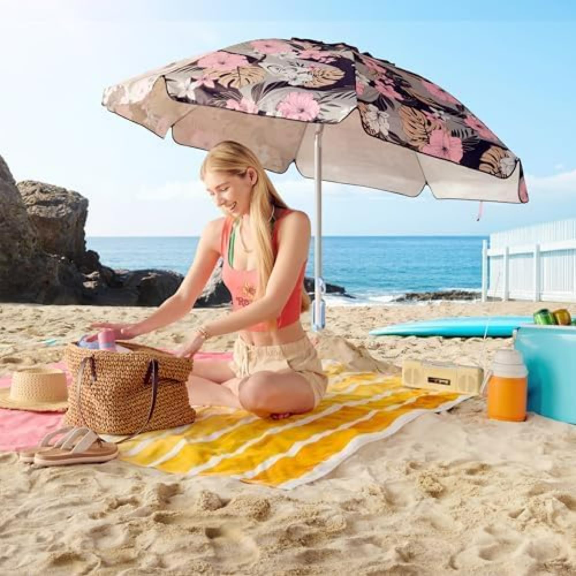 Roxy lifestyle shot family enjoying shade under the umbrella for comfort