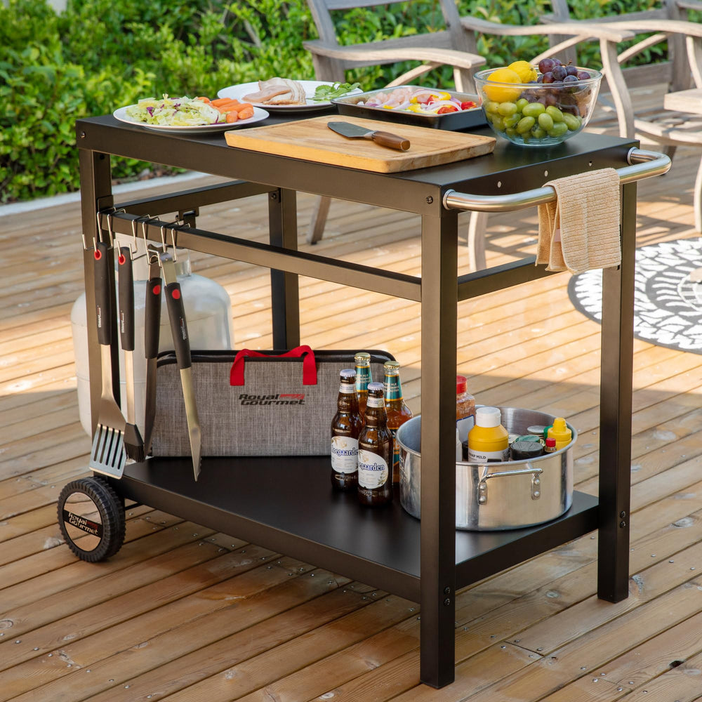 Royal Gourmet double shelf storage holding pans and accessories for neat organization