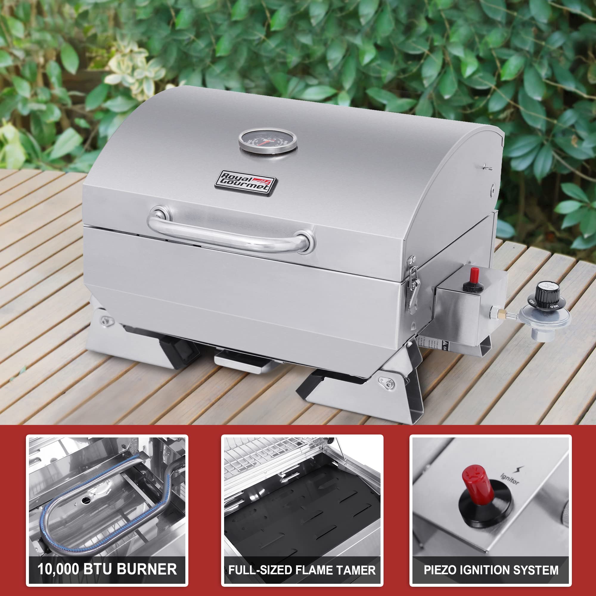 Royal Gourmet folded legs stowed under grill for easy transport and storage benefit