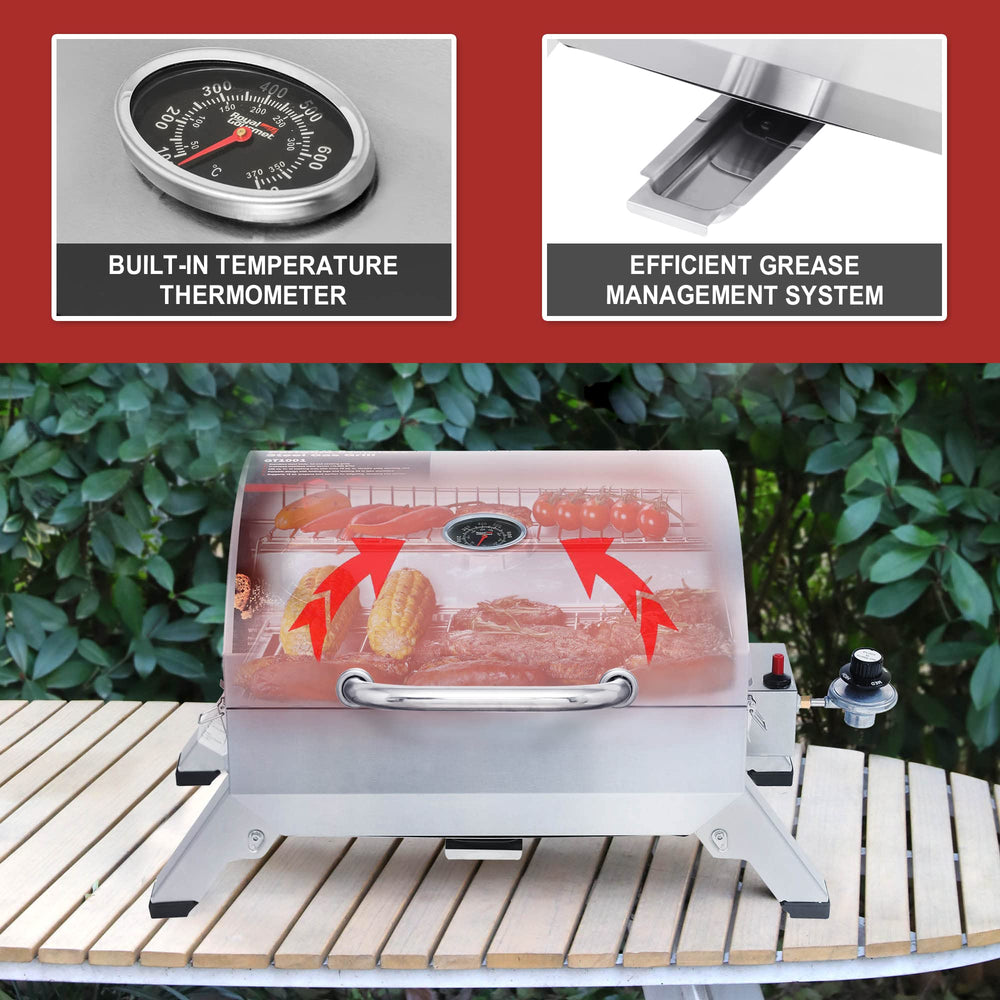 Royal Gourmet removable stainless-steel grease tray removed for quick cleanup benefit