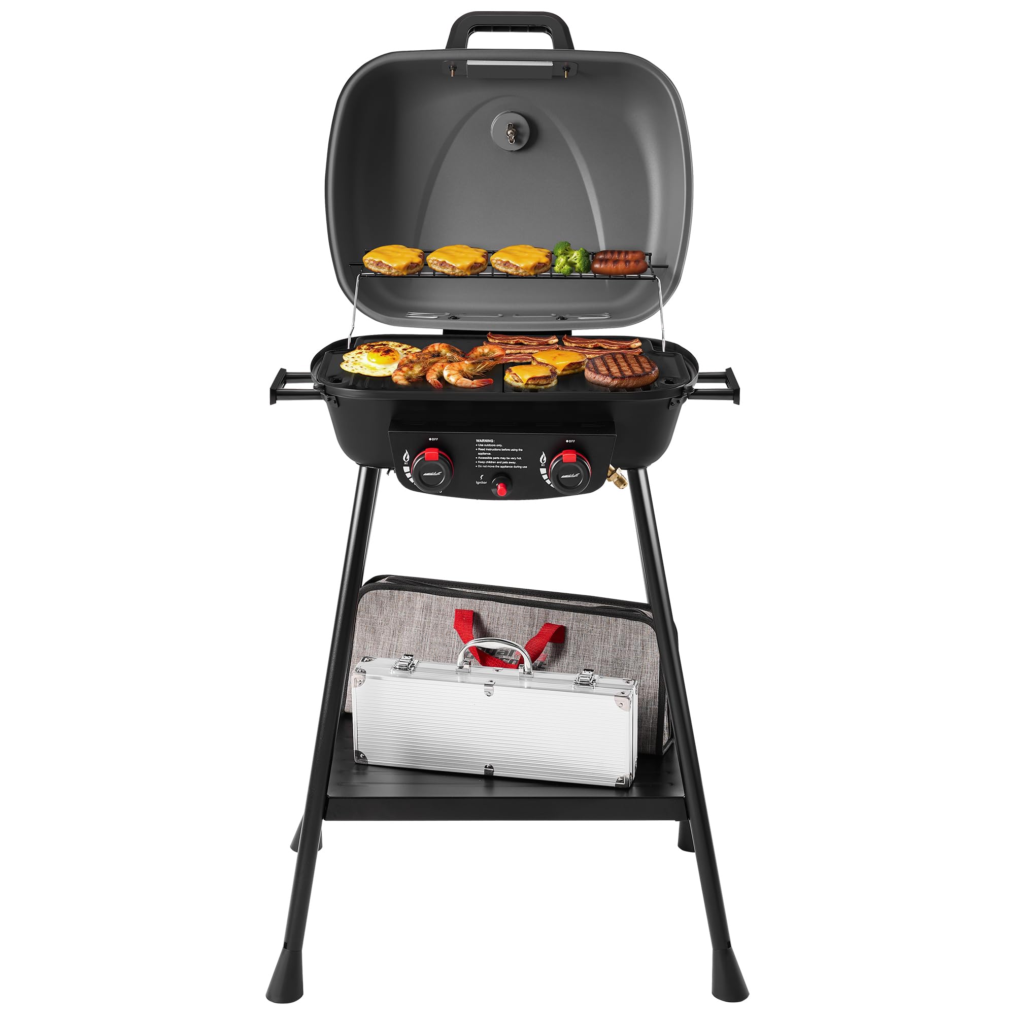 Royal Gourmet front view of compact two-burner grill, shows portable design and cooking capacity