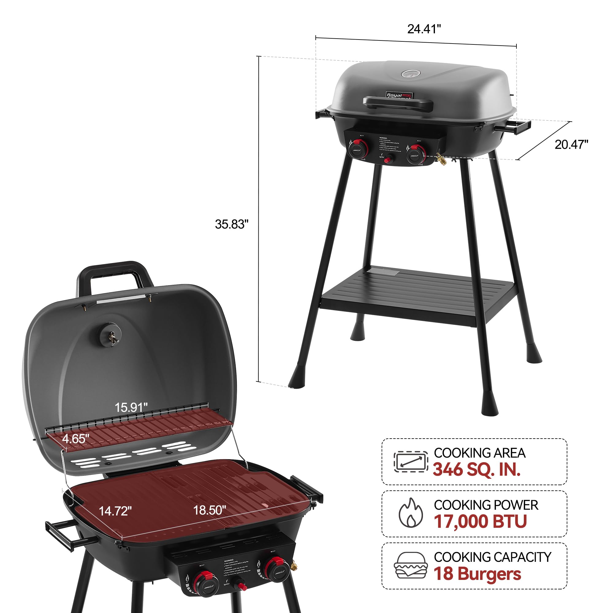 Royal Gourmet open grill top showing grate and griddle ready for multi-item cooking