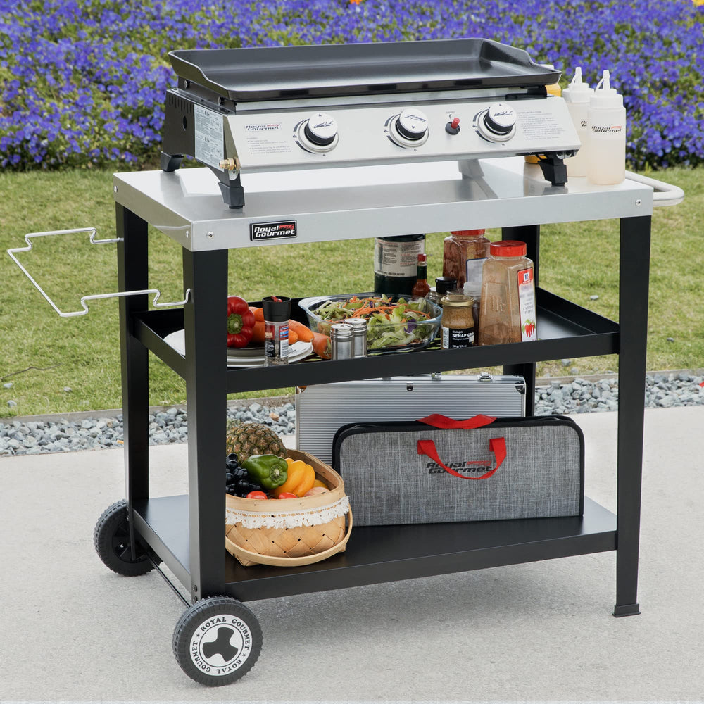 Royal Gourmet lifestyle shot in backyard showing portable prep station benefit