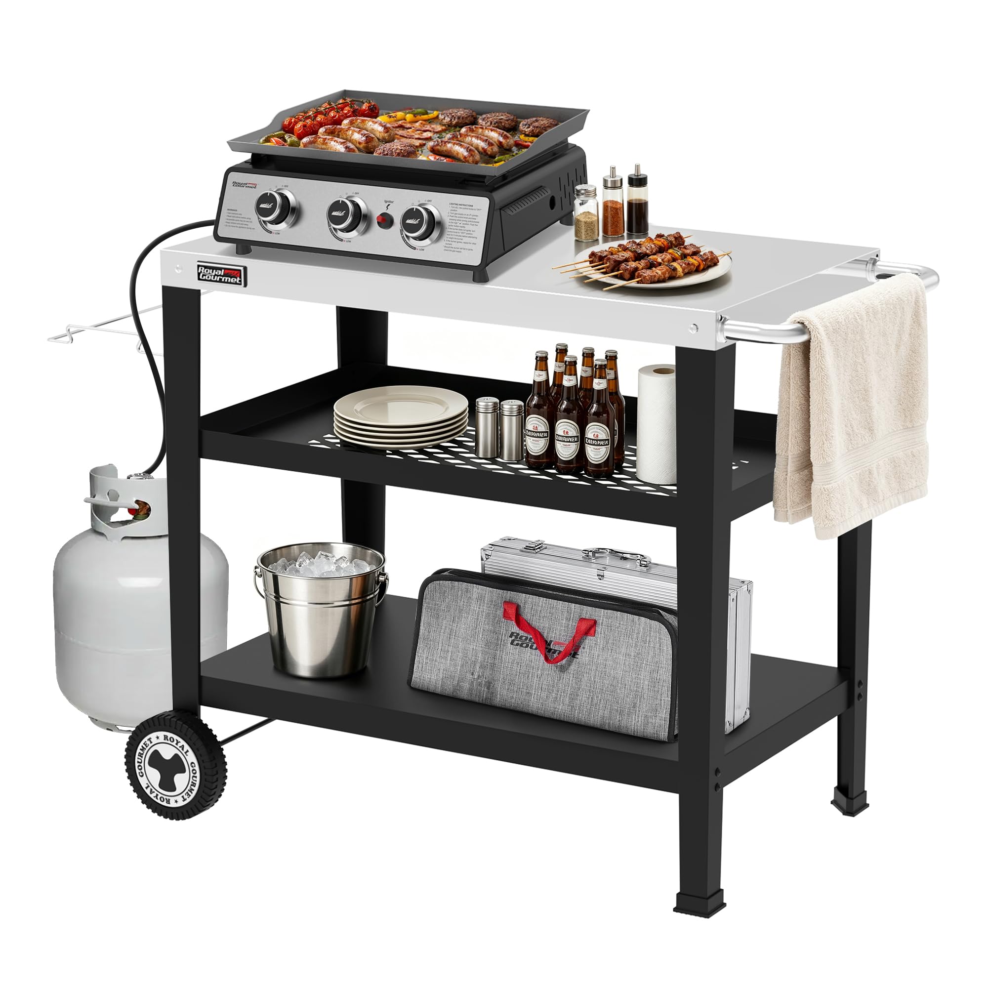 Royal Gourmet front view showing tabletop and three shelves for organized prep