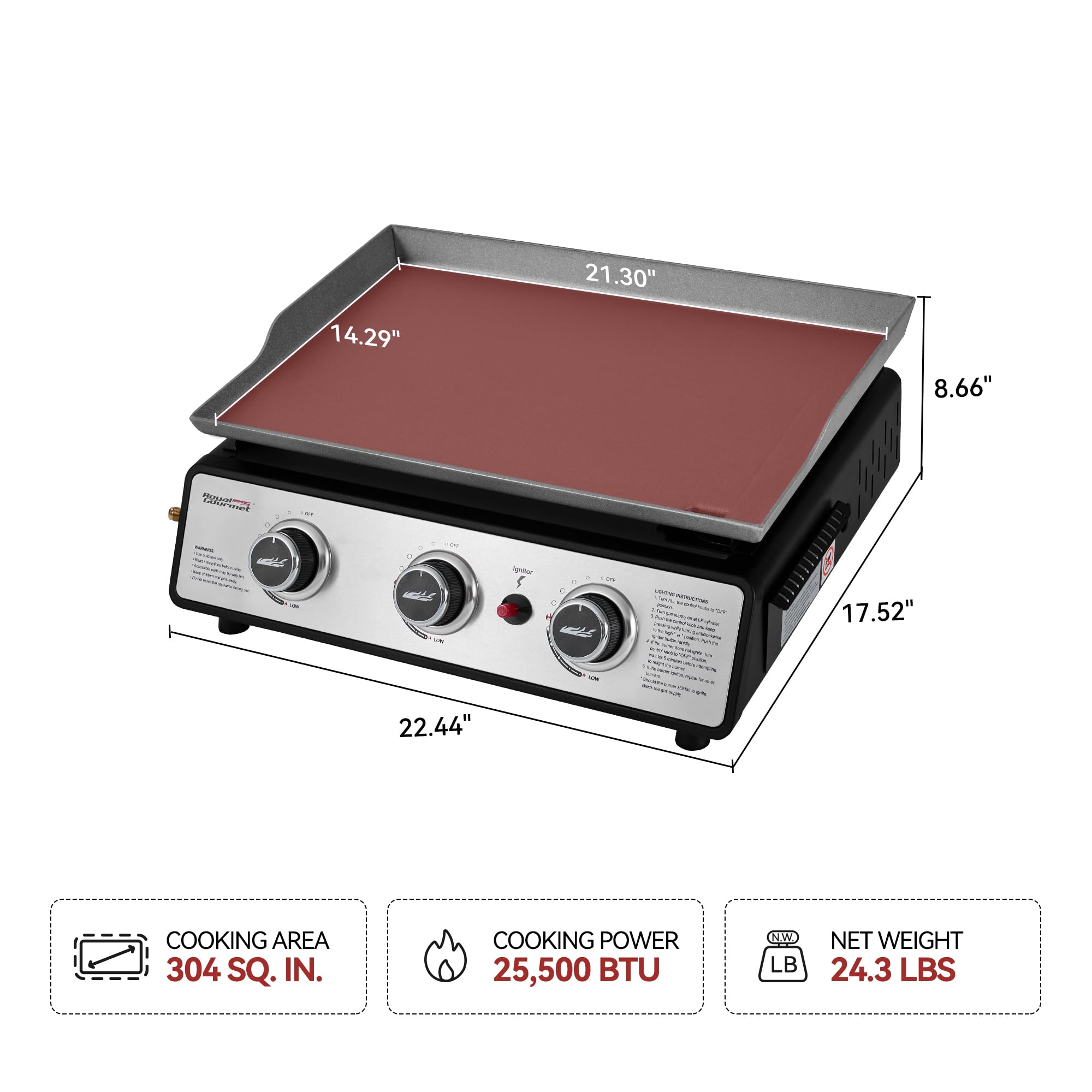 Royal Gourmet image of three burners and control knobs showing precise heat control for zones