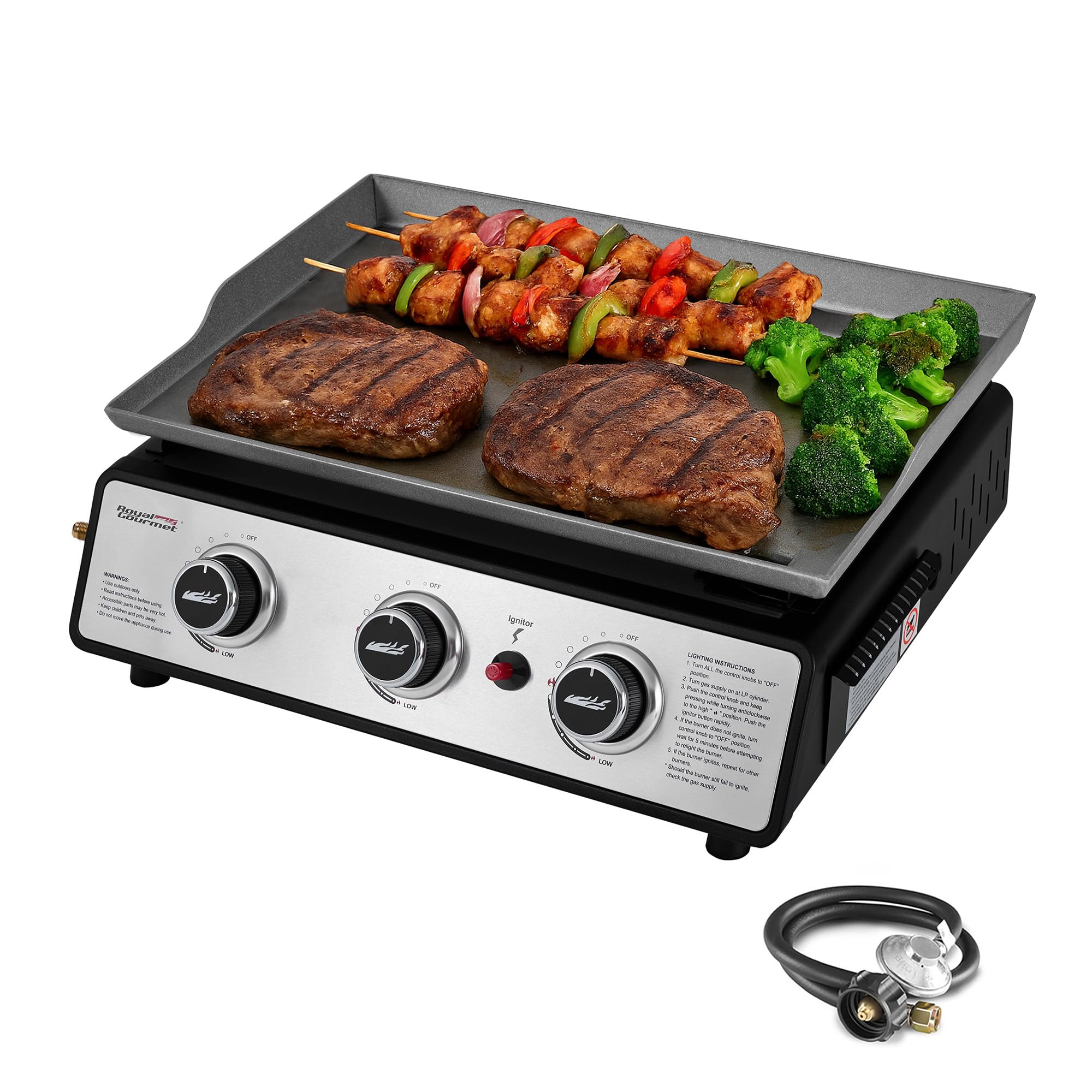 Royal Gourmet front angle showing portable tabletop griddle and controls, convenient transport