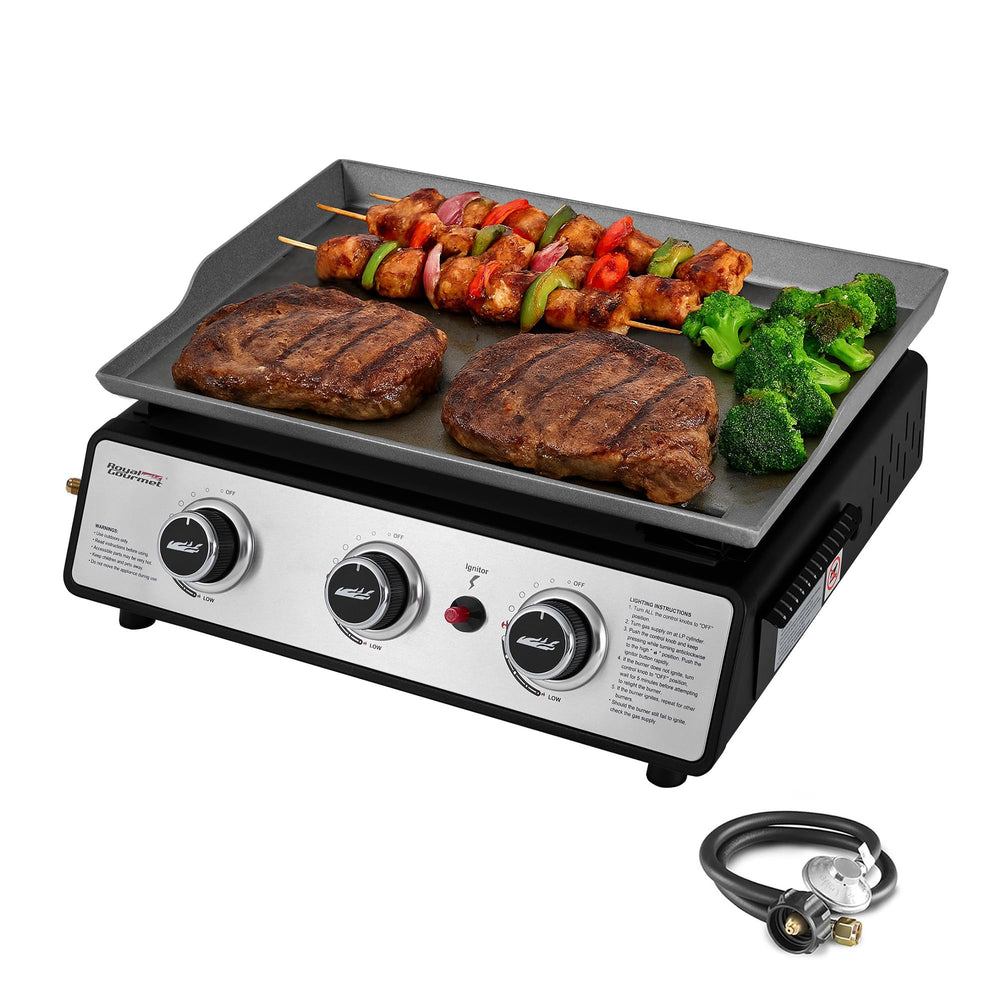Royal Gourmet front angle showing portable tabletop griddle and controls, convenient transport