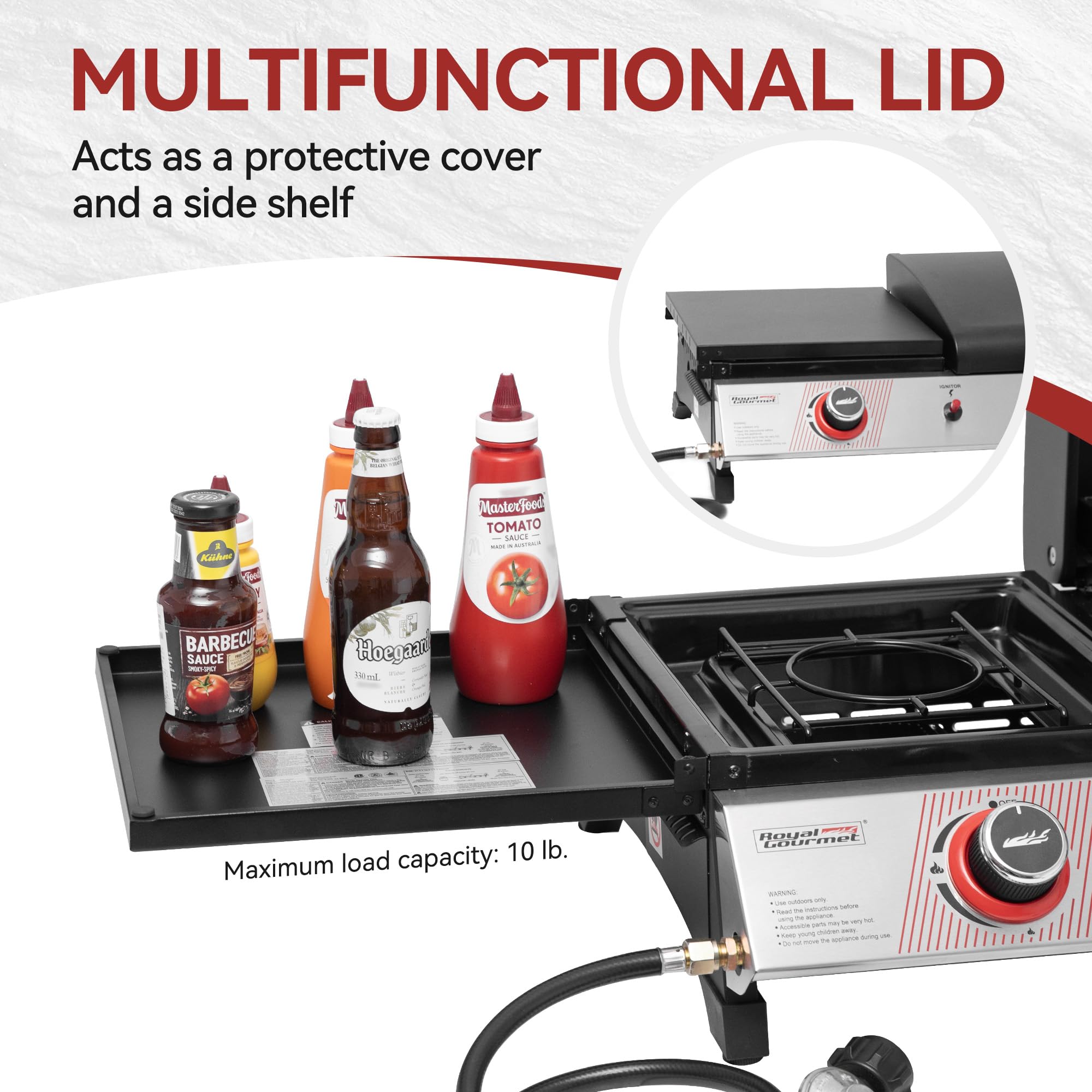 Royal Gourmet PD1305H side burner and lid pictured as prep shelf and extra burner