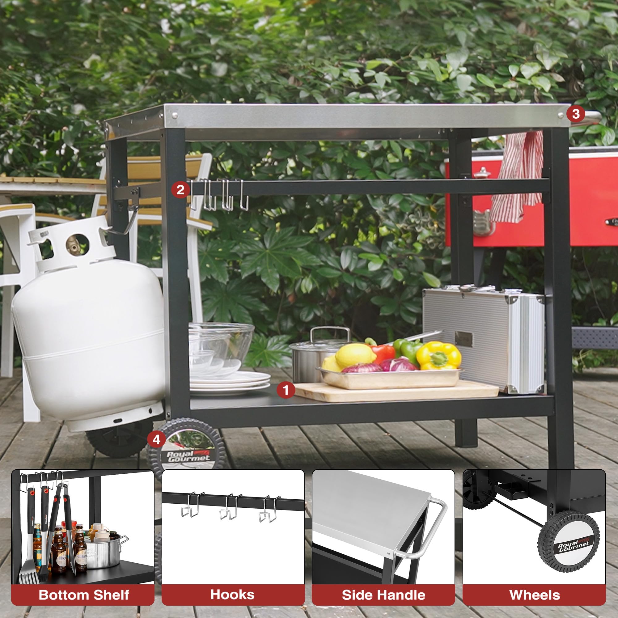 Royal Gourmet tool hooks and towel bar detail keeping utensils accessible