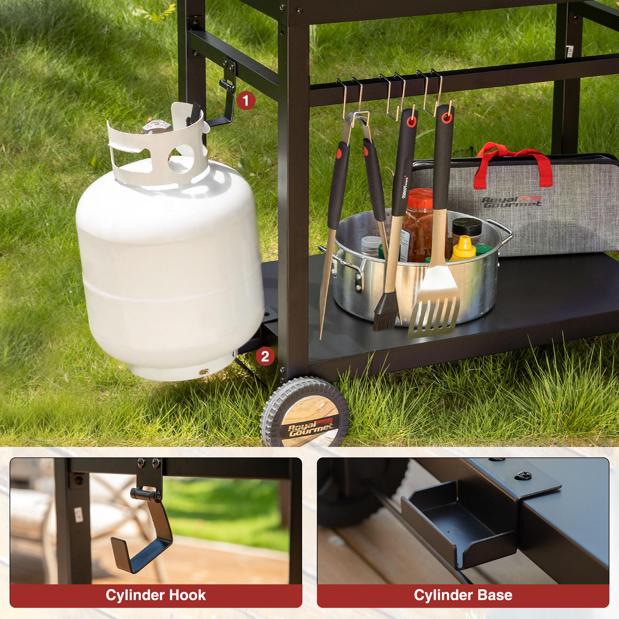 Royal Gourmet tool hooks with utensils illustrating quick-reach grilling organization