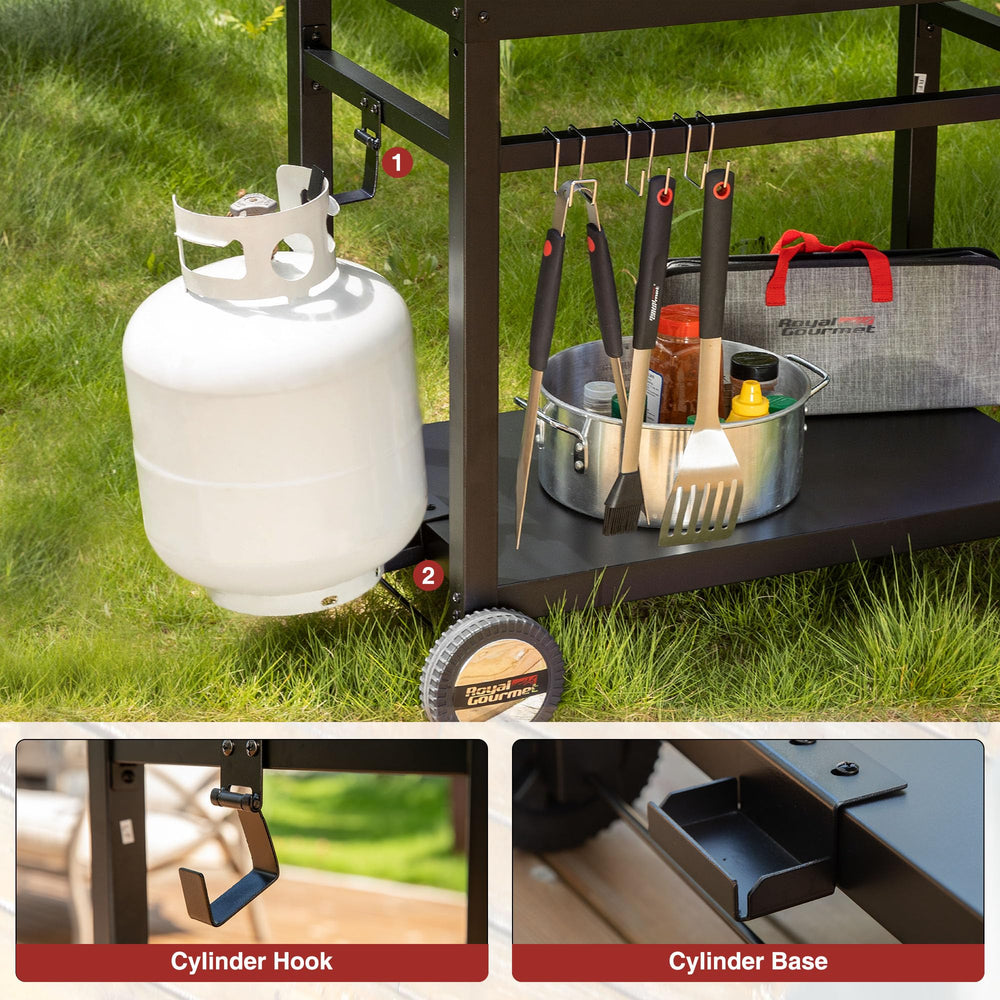 Royal Gourmet tool hooks with utensils illustrating quick-reach grilling organization
