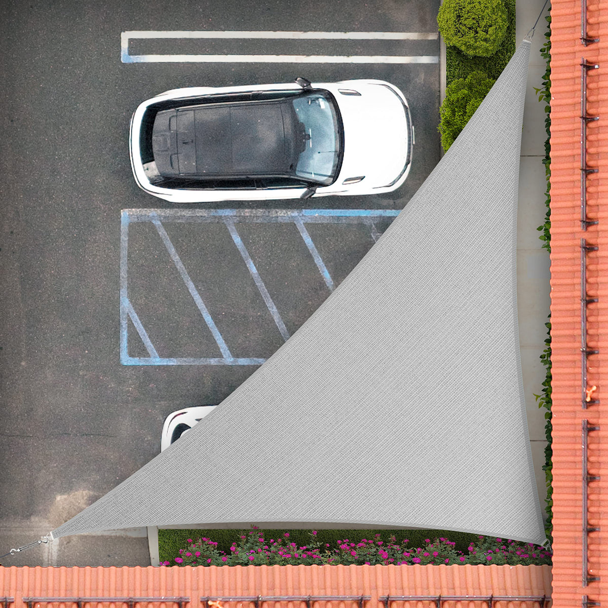 Royal Shade front view showing full right triangle canopy protecting patio