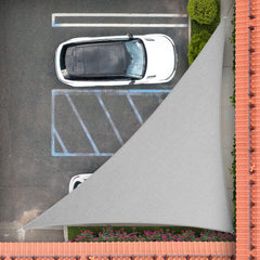 Royal Shade front view showing full right triangle canopy protecting patio