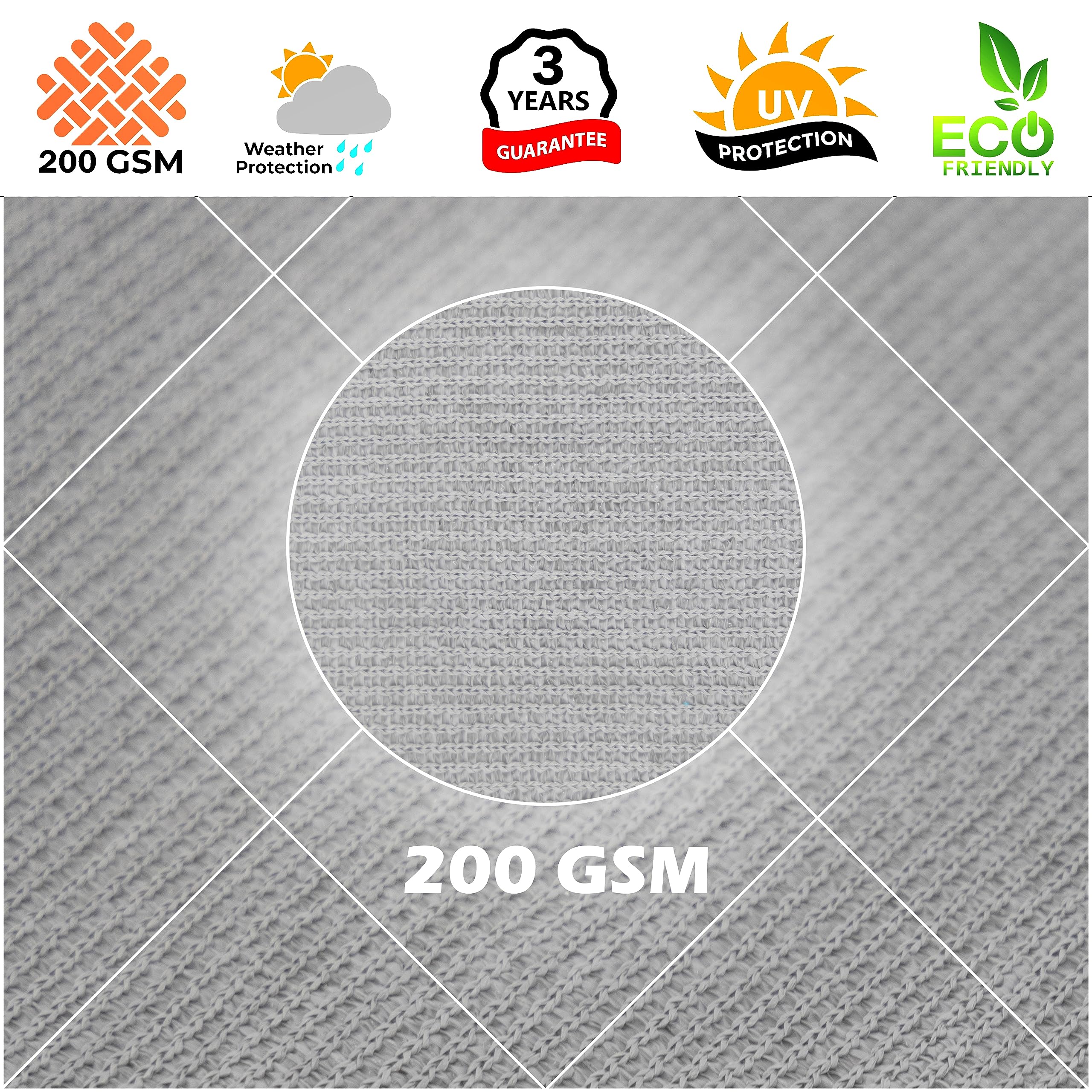 Royal Shade label and spec tag showing UPF50+ and fabric specifications