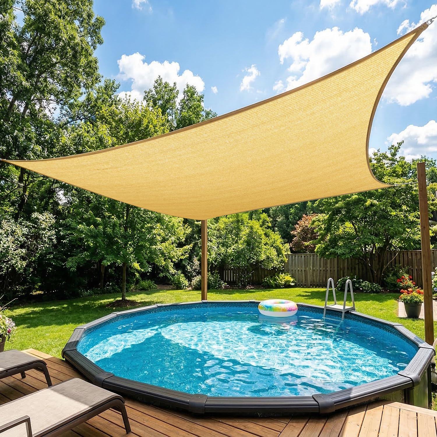 Royal Shade front view of beige rectangle canopy showing coverage benefit