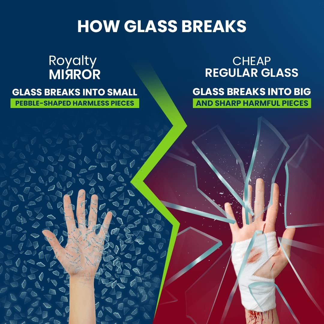 Royalty Mirror glass beside chair showing scale and precise 48-inch fit benefit