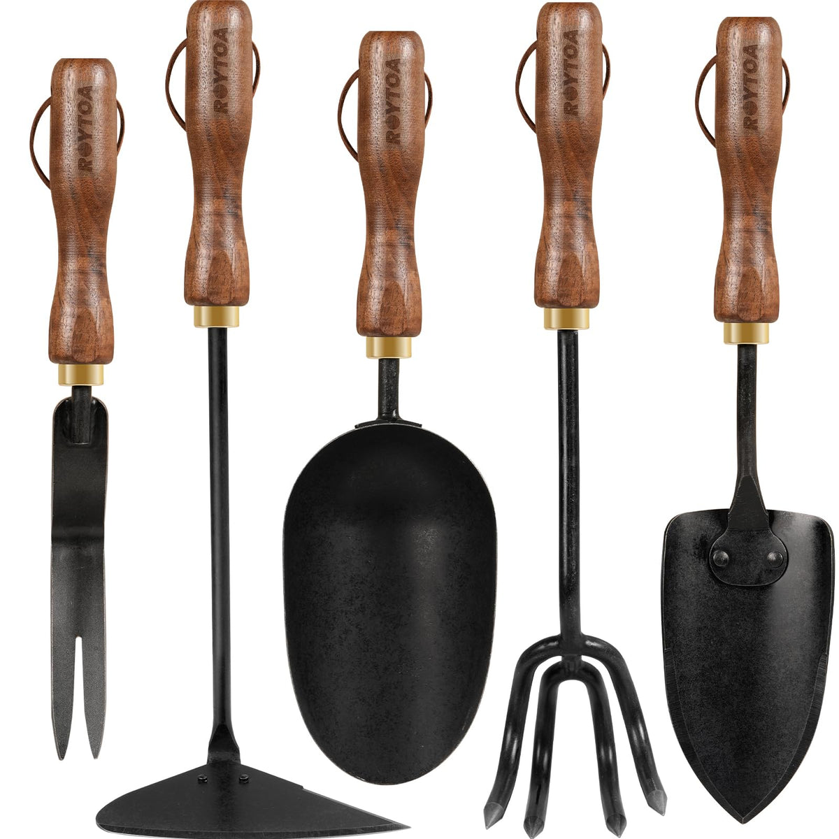 roytoa front packaging of five-piece garden set showing complete tools and benefits
