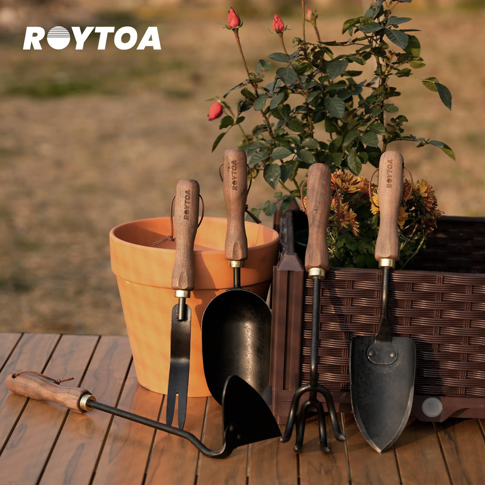 roytoa tools in use in raised bed showing efficient gardening with the set