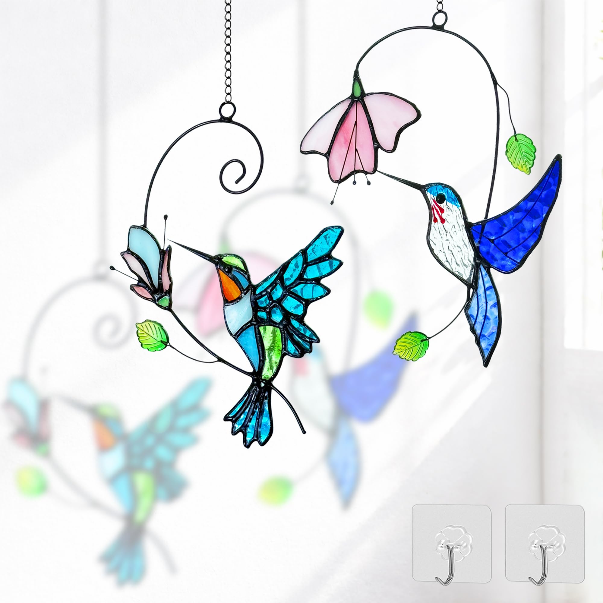 Royxen front view of two stained glass hummingbirds showing vibrant colors and shape