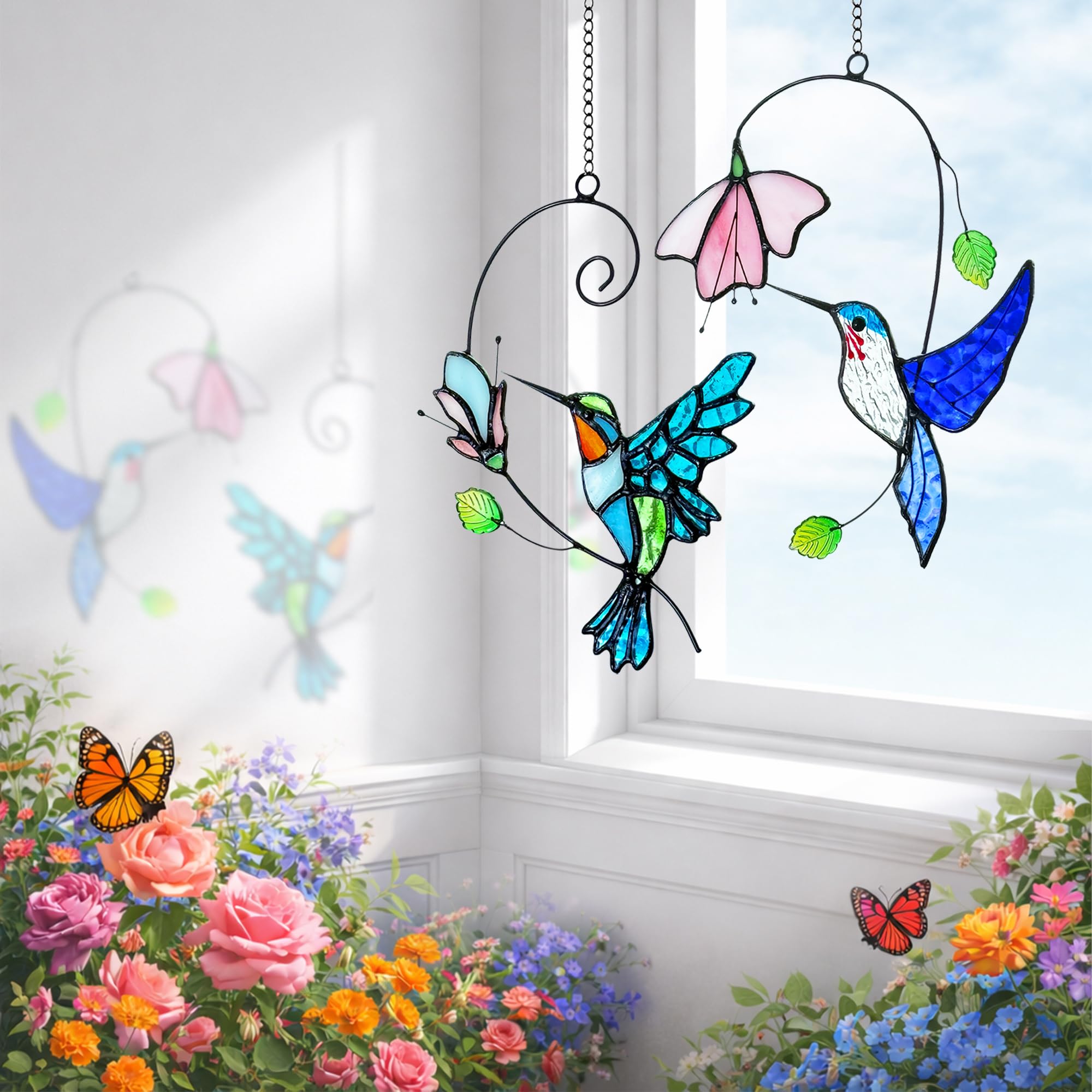 Royxen hummingbirds styled on windowsill adding artistic charm to home decor