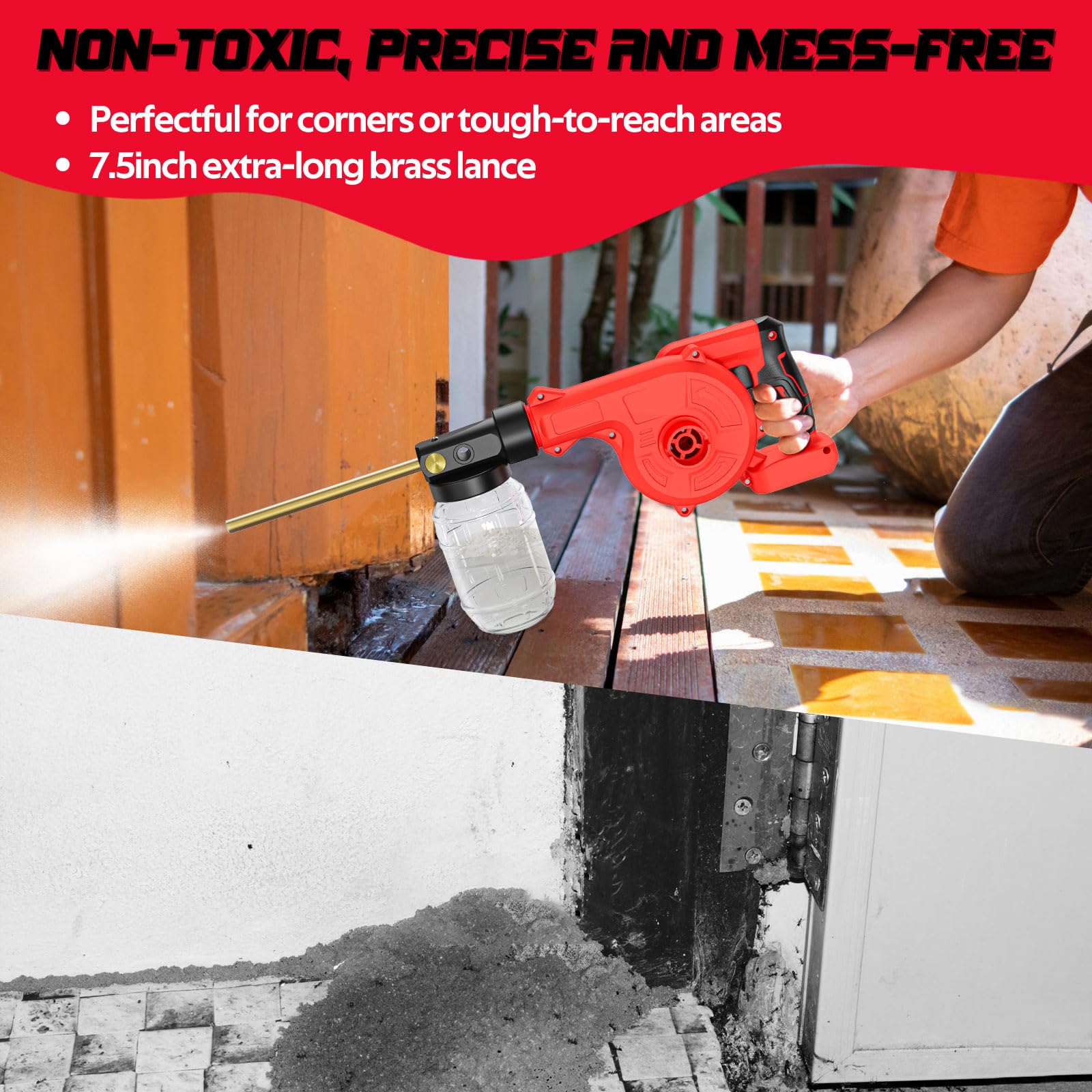 Rozlchar in use inside a chicken coop applying powder accurately to perches