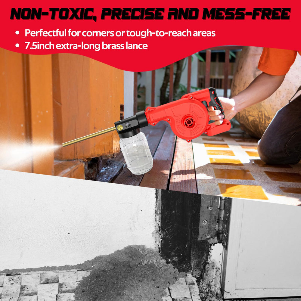 Rozlchar in use inside a chicken coop applying powder accurately to perches